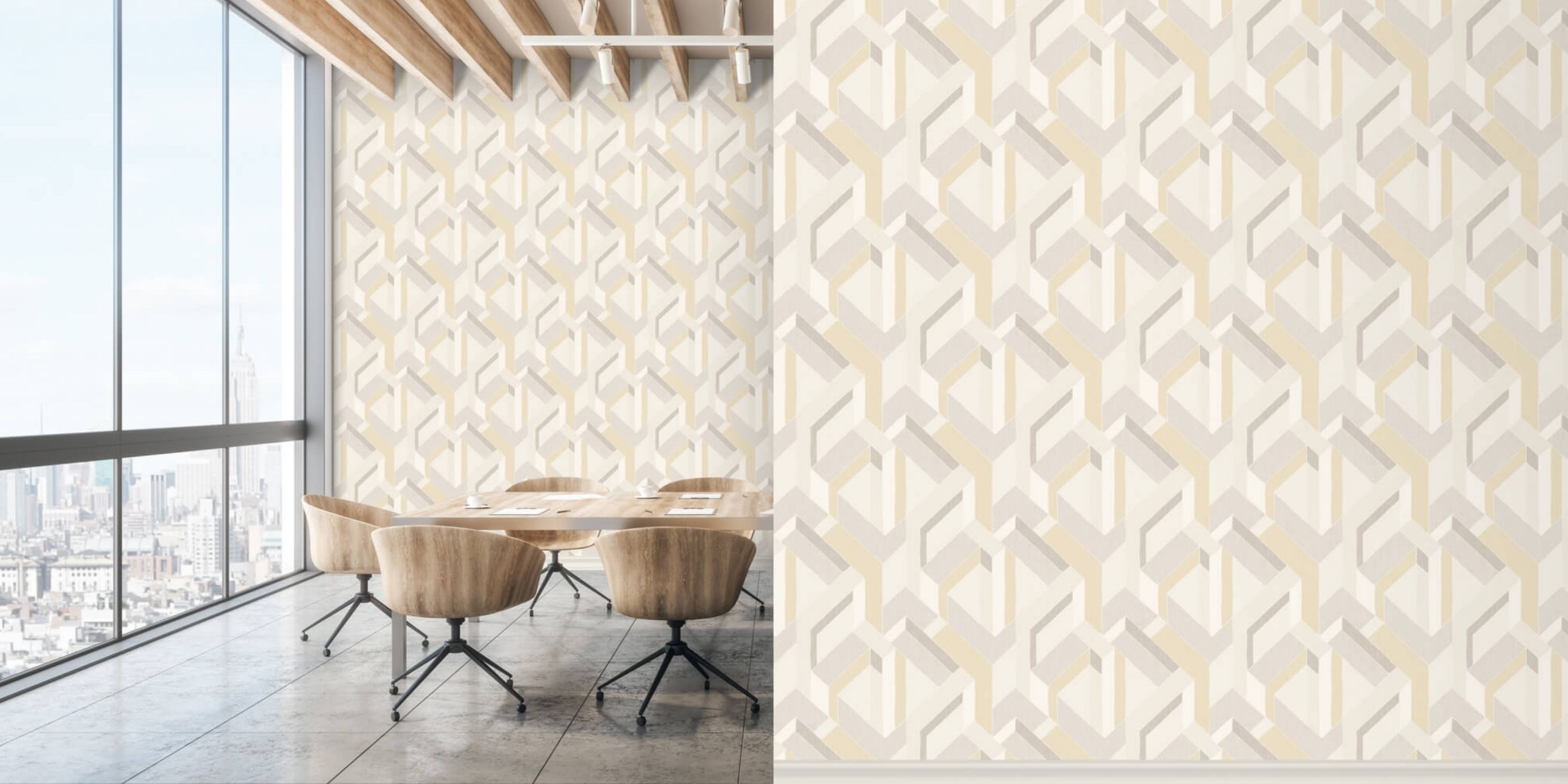 Modern conference room with wooden chairs, tiled floor, and geometric beige wallpaper. Large windows reveal a city skyline, creating an open, airy feel.