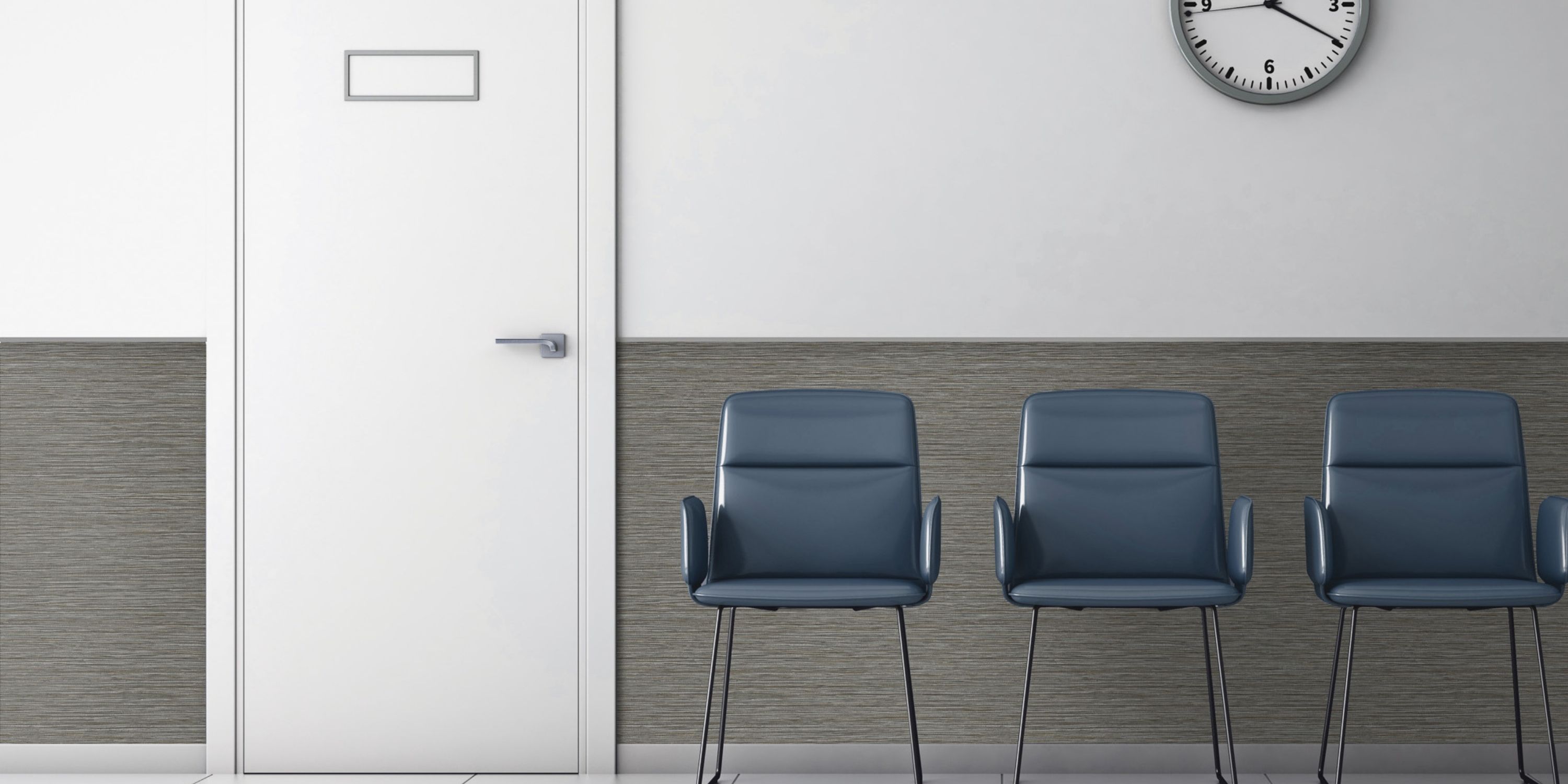 A waiting room with three blue chairs against a gray wall, a white door, and a round wall clock showing 10:10. Clean, minimalist atmosphere.