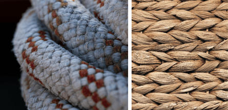 Close-up of braided ropes: left portion shows coiled ropes with a red-and-white pattern, right displays a tightly woven beige rope. Textures are coarse and intricate.