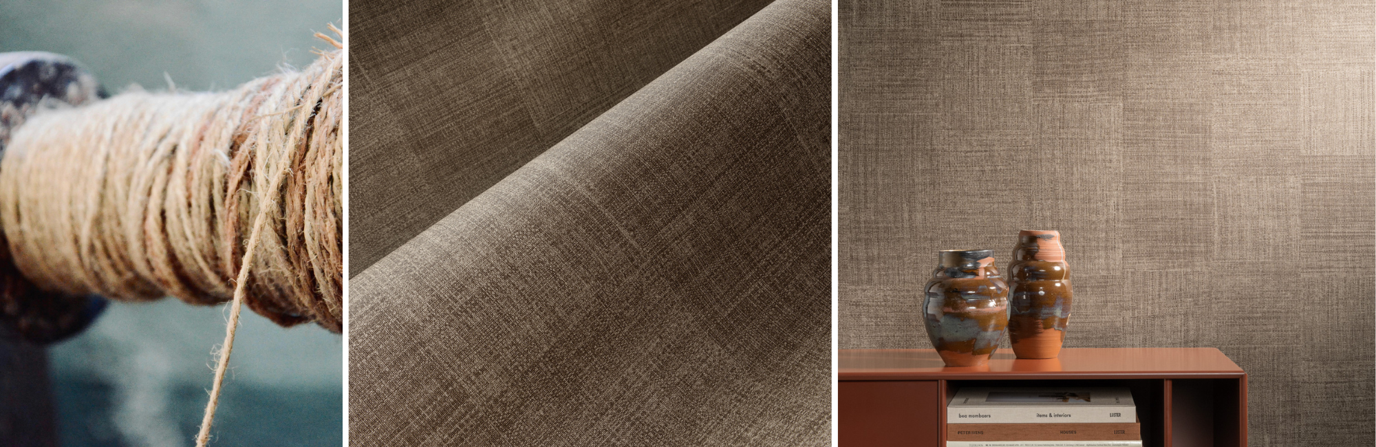 Close-up composite image of natural materials: twisted rope, textured brown fabric, and elegant vases on a shelf against a neutral wall. Earthy, organic tones.
