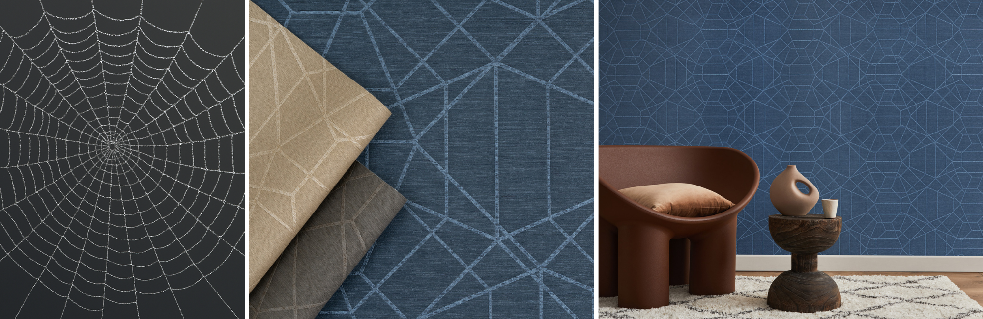 Left shows a black and white spiderweb design; center displays beige and gray folded fabrics with geometric patterns; right features a modern room with a blue geometric-patterned wall, a brown chair, and a small table on a light rug, creating a cozy, stylish atmosphere.