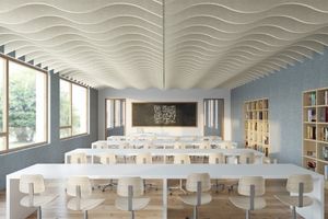 Modern classroom with white tables and chairs, bookshelves on the right, large windows on the left, and a blackboard at the front under wavy patterned acoustic ceiling baffles.