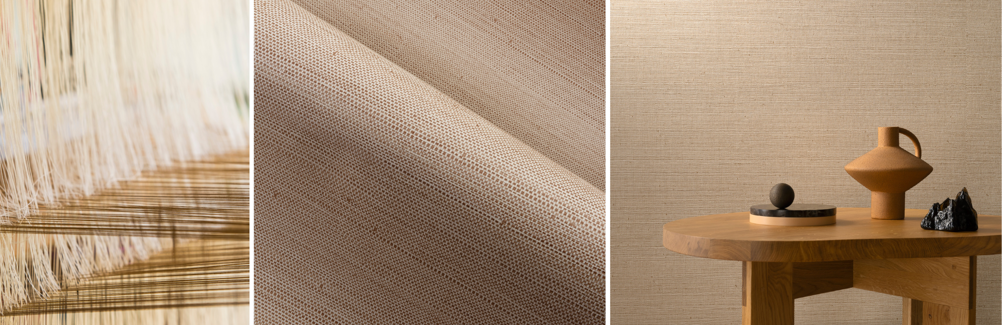 A triptych showing natural textures: woven fabric strands, a close-up of textured beige fabric, and a wooden table with minimalist pottery and decor.