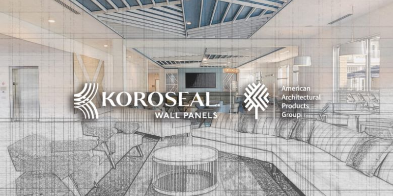 A modern lounge with a blend of architectural sketches and real design features Koroseal Wall Panels and American Architectural Products Group logos.
