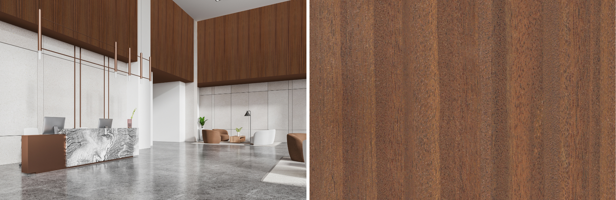 Modern lobby with high ceilings and brown wood paneling. Marble reception desk and seating area create a sleek and welcoming ambiance. Rich wood texture close-up.
