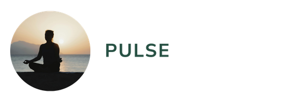 Silhouette of a person meditating by the sea at sunset on the left; the word "PULSE" is centered against a black background, conveying calm and focus.