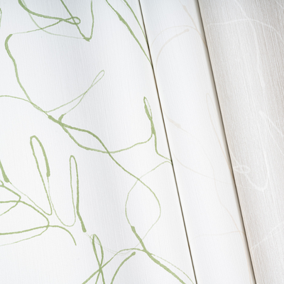 Elegant wallpaper with a minimalist design featuring soft, swirling green lines on a white background. The tone is calm and contemporary, ideal for modern decor.