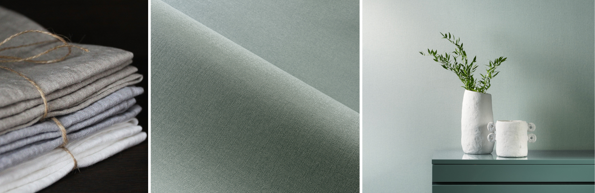 A triptych features folded, neutral-toned linens tied with twine, a soft-focus fabric fold, and a minimalist scene with a vase and plant on a teal surface. Calm and serene.