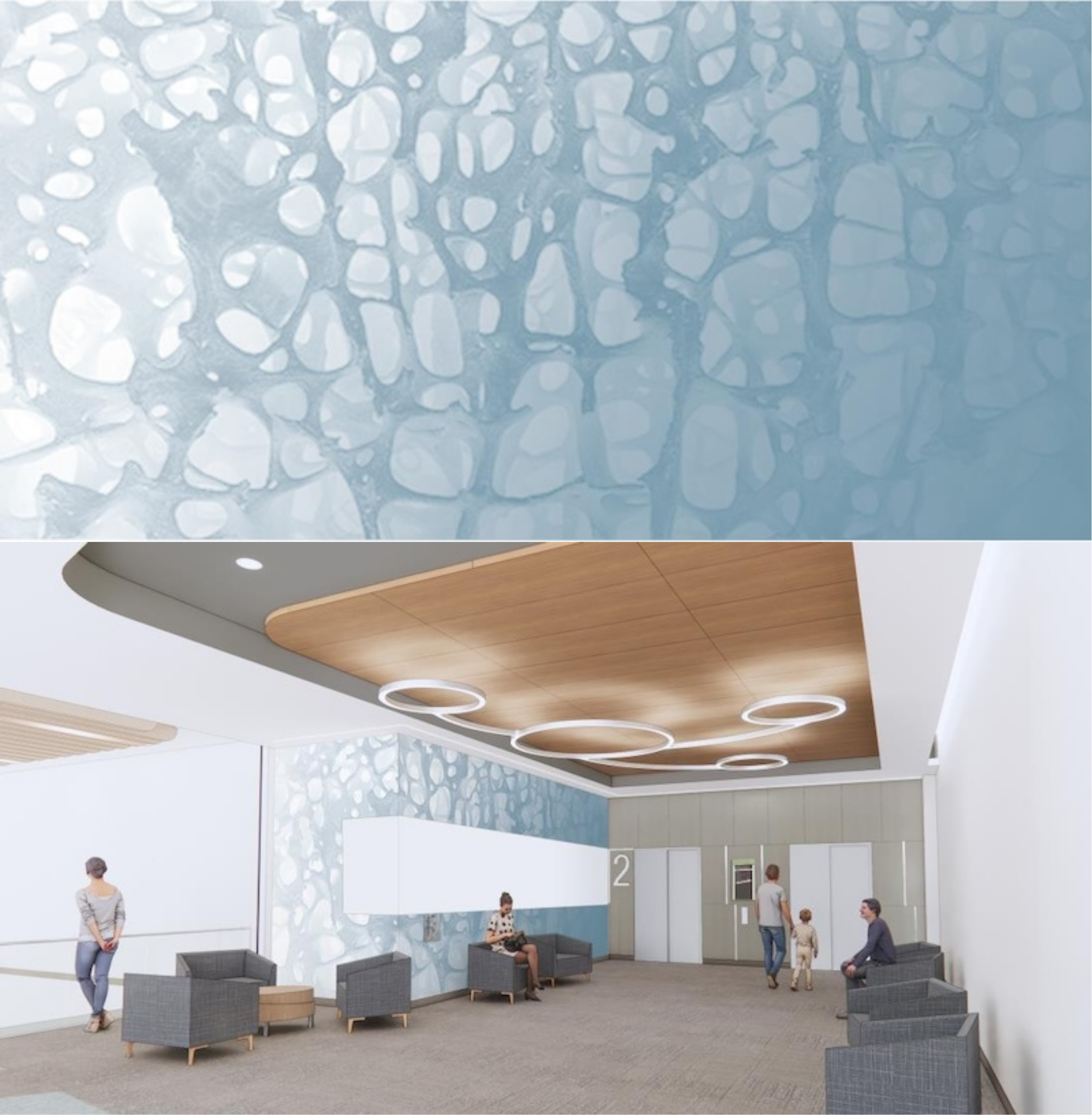 Healthcare waiting area featuring a modern design with light gray seating, wood-accented ceiling with circular light fixtures, and a feature wall covered in a blue and white organic-patterned wallcovering resembling flowing water or pebbles.
