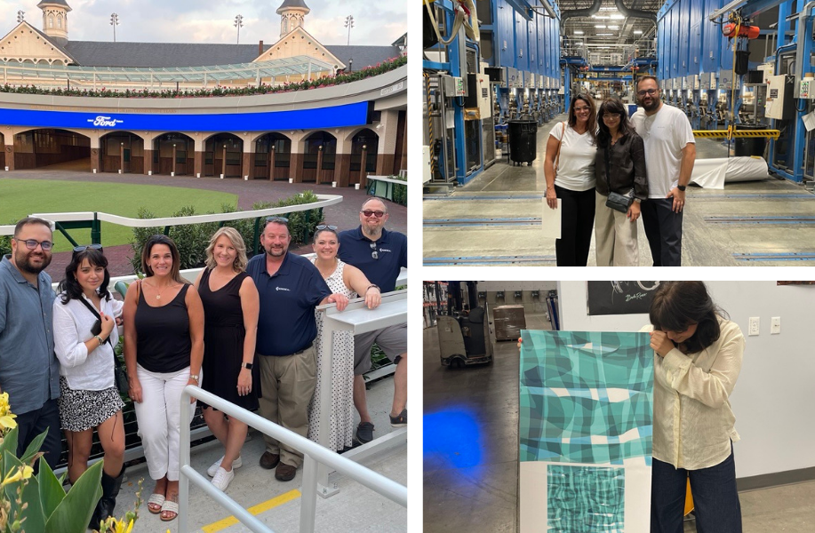 A collage of three images: a group of seven people smiling at an outdoor venue with arched buildings; three people inside a modern industrial facility; one person examining a large, abstract artwork with patterns of teal and white.