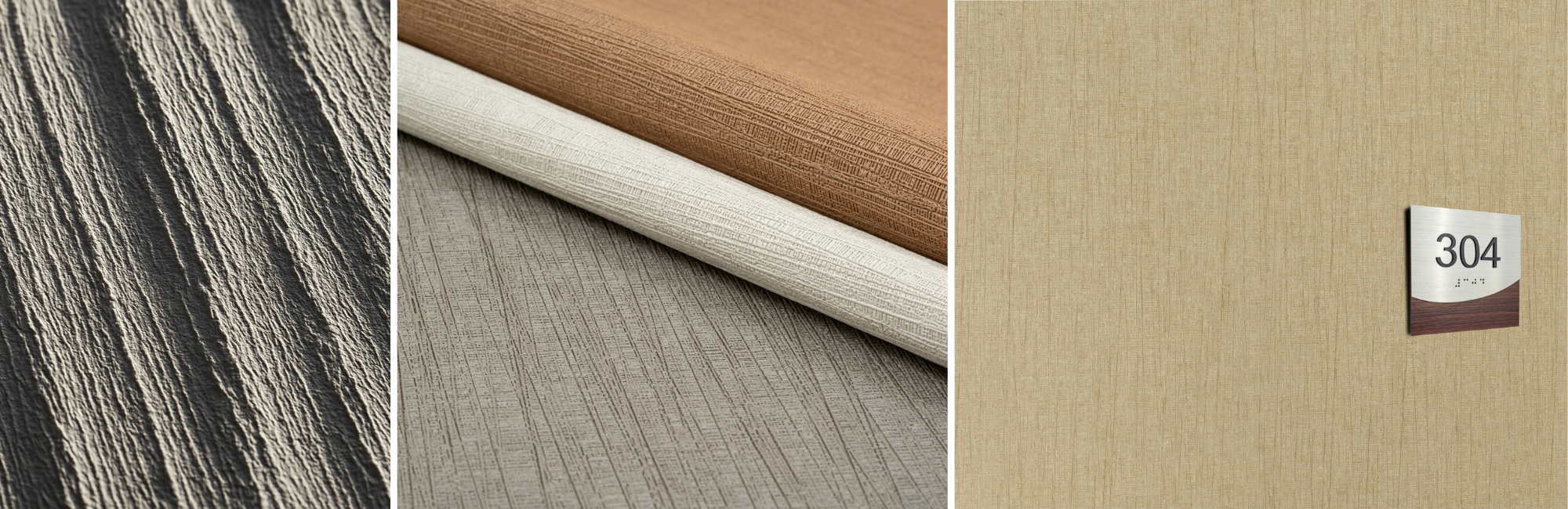 Three textured surfaces are depicted: a gray fabric with wavy lines, a stack of beige and brown fabrics, and a plain tan wall with a room number "304".