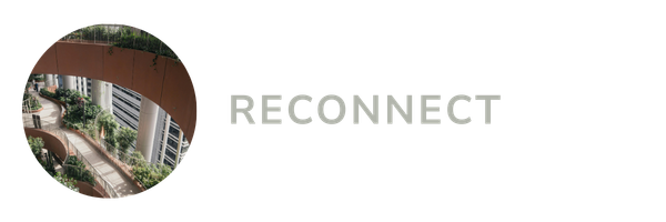 Circular image of an indoor garden with lush greenery and a winding path on a black background. The word "Reconnect" is in bold, conveying calmness.