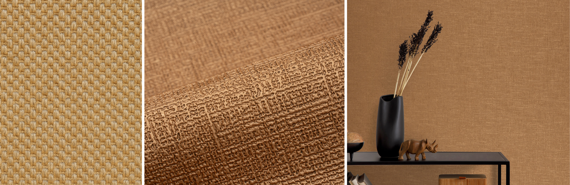 Textured beige wallpaper collage: close-up patterns, a rolled sheet, and a room setting with a black vase holding dried plants on a shelf. Elegant and modern.
