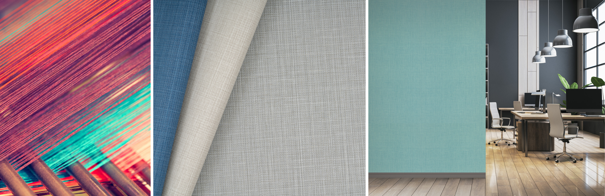 Vibrant threads in red, orange, turquoise; textured fabric swatches in blue, beige, gray; modern office with teal wall, wooden floors, sleek decor.
