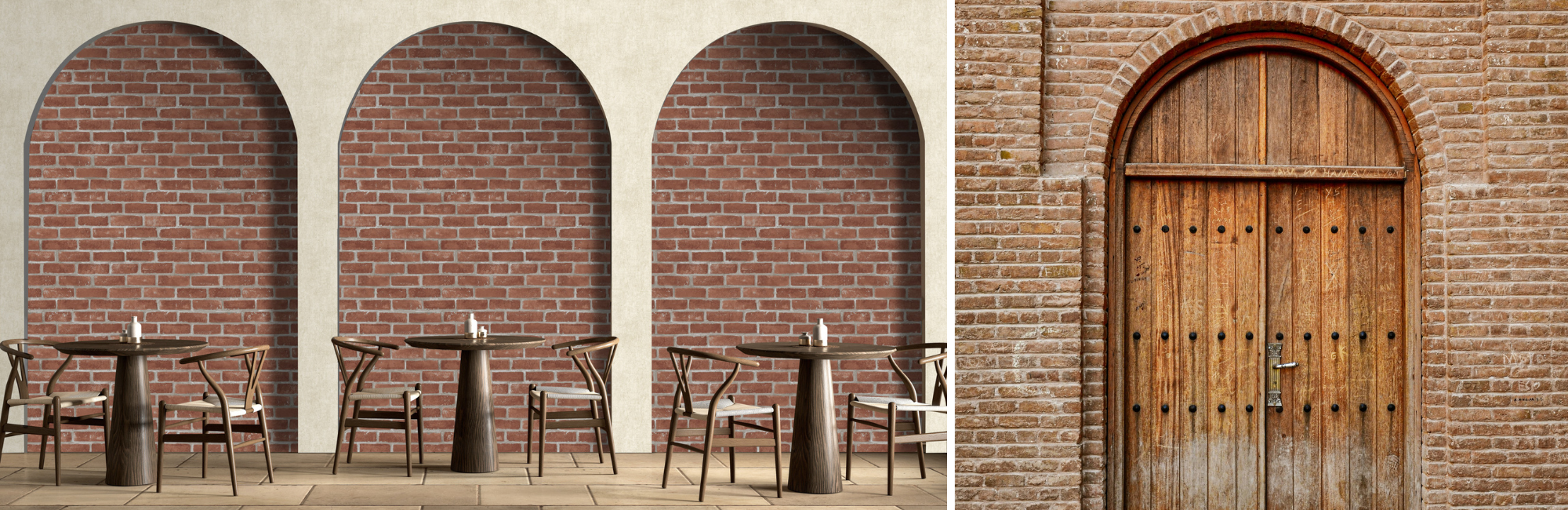 Outdoor café scene with three tables and chairs set against a brick archway. Adjacent is a large, wooden arched door on a brick wall, evoking rustic charm.