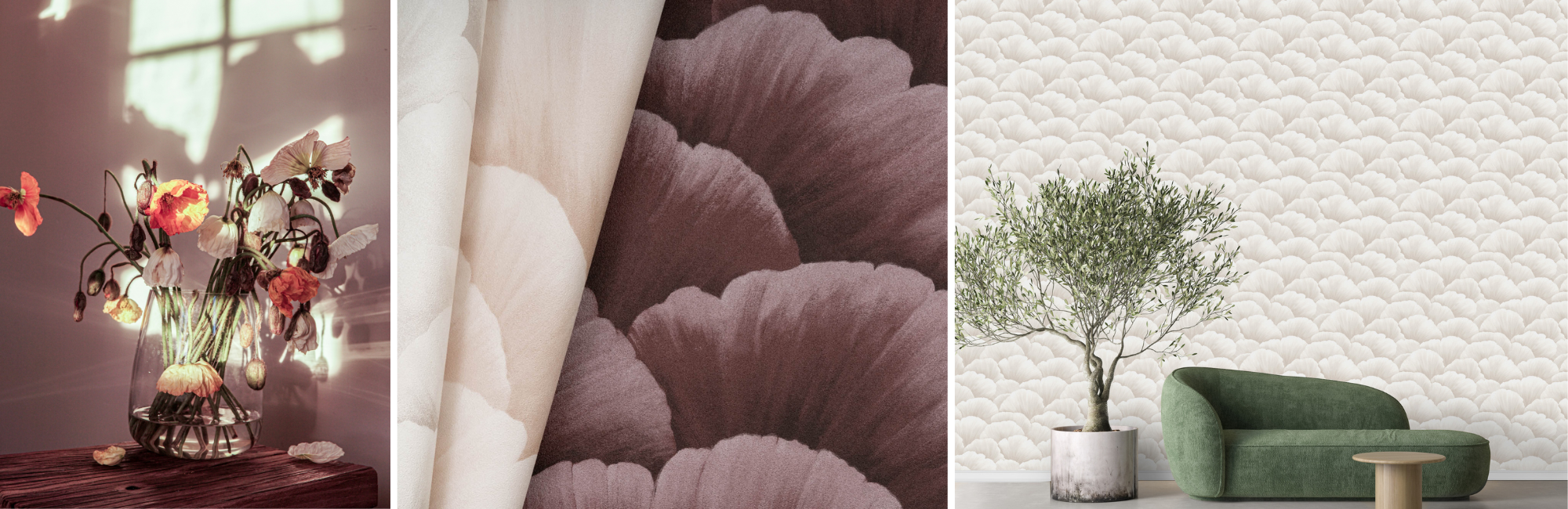 A triptych image featuring a glass vase with vibrant poppies in warm sunlight, a close-up of textured floral fabric, and a modern room with a green sofa, plant, and textured wall.
