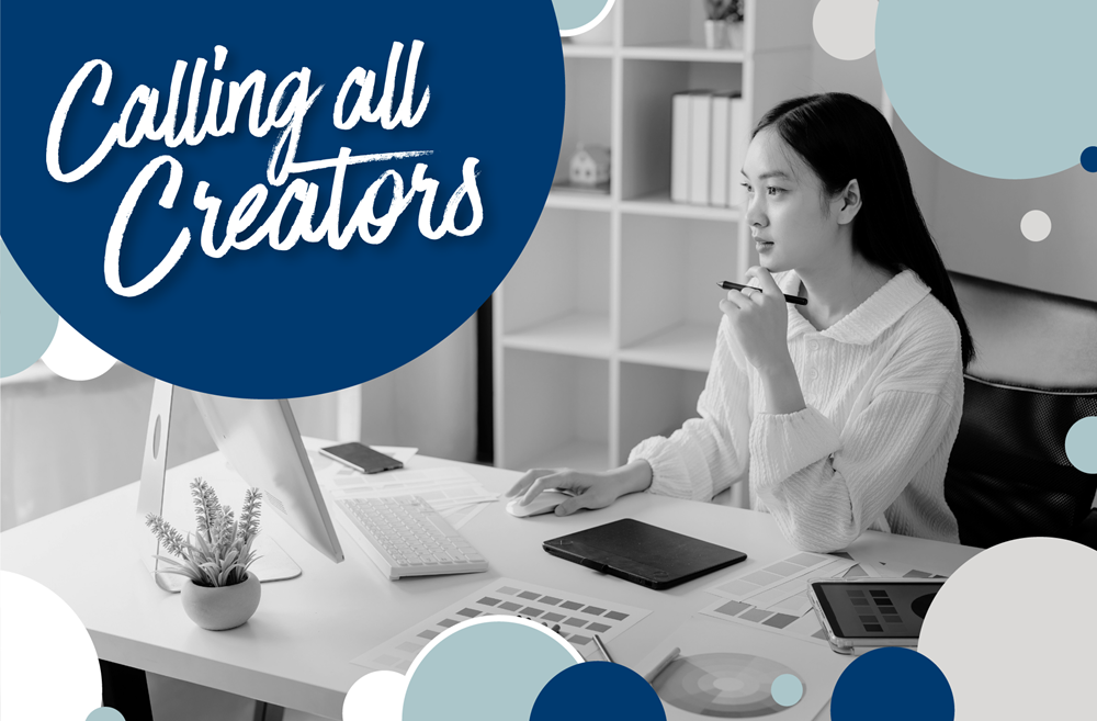 Young woman at a desk with design tools, lost in thought. A 'Calling All Creators' sign in blue suggests a creative, inviting atmosphere.