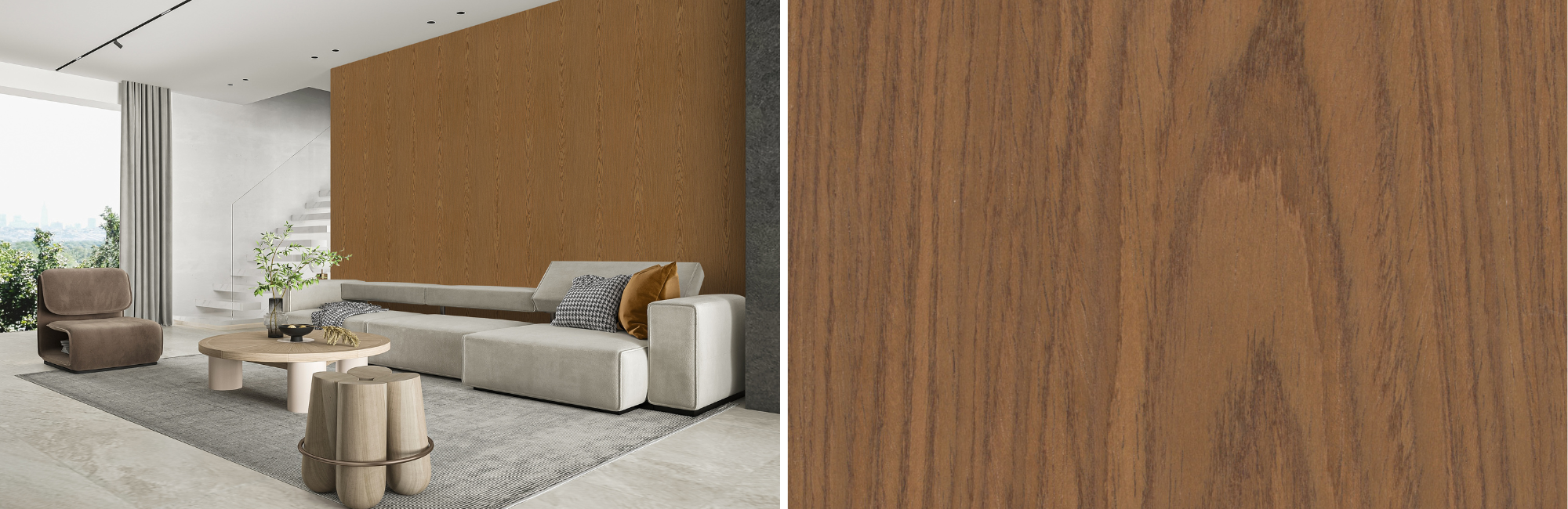 A modern living room with a brown wood accent wall, white sectional sofa, gray rug, round coffee table, and large window. Close-up of wood texture.