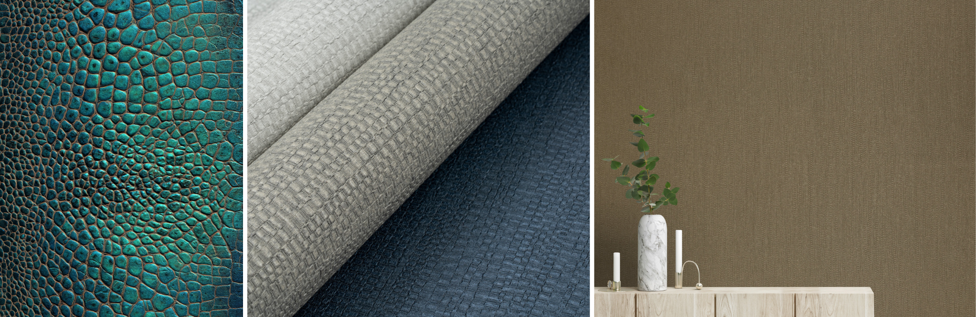 Close-up of textured surfaces: turquoise reptile pattern, gray and navy fabric rolls, and a minimalistic room with tan wall, wooden table, and vase.