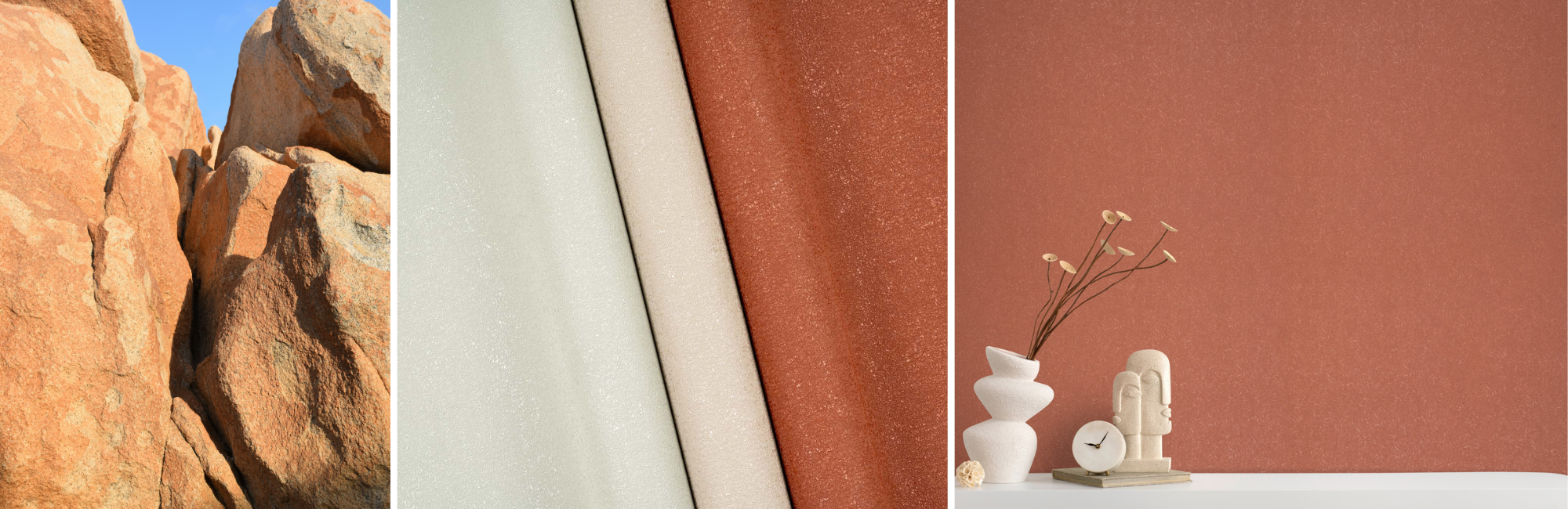 A triptych image showing natural sandstone rocks, beige and terracotta fabric swatches, and a minimalist decor setup with a terracotta backdrop.