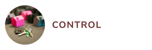 A circular inset shows keys on a table with colorful house models, set on a black background. The word "CONTROL" is written in bold. A sense of ownership is conveyed.