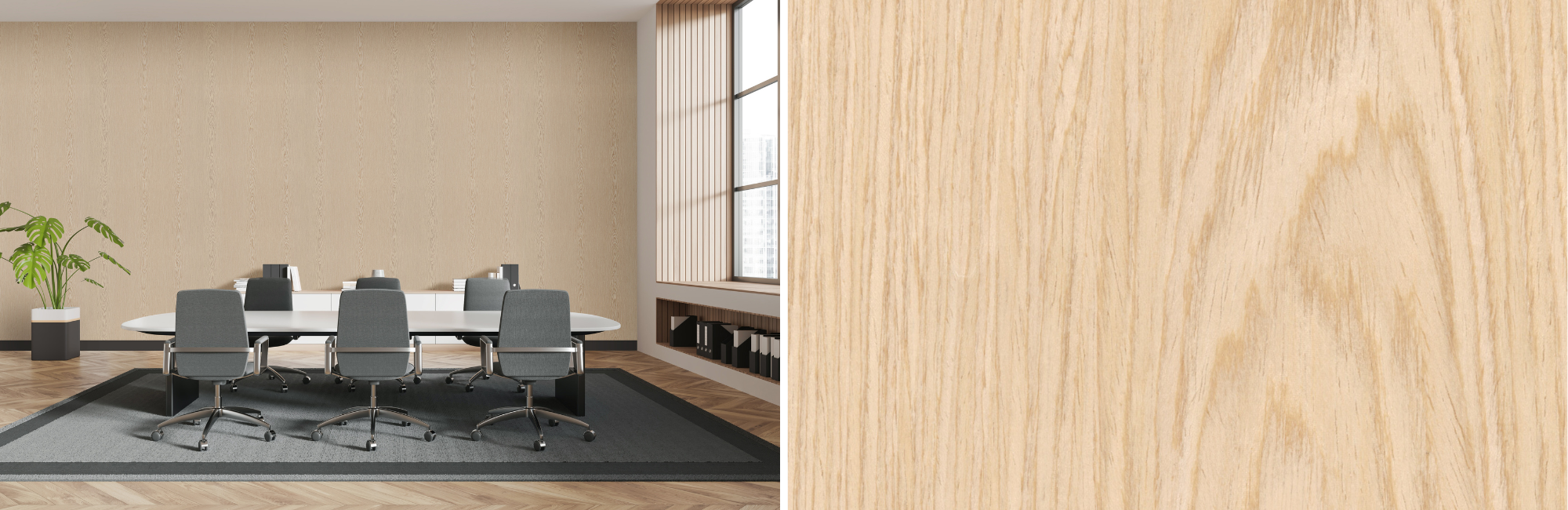 Modern conference room with a long table and six gray chairs on a dark rug. Light wood decor and large window create a bright, professional ambiance.