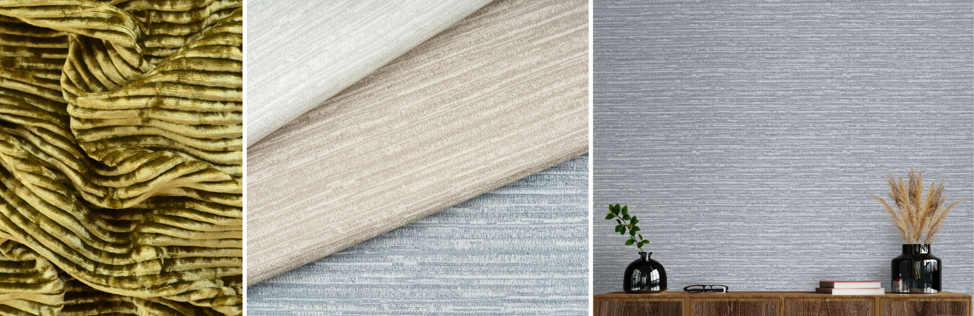 Textile samples and interior decor: a crumpled gold fabric, three folded fabrics in white, beige, and blue, and a minimalist wall with vases and books.