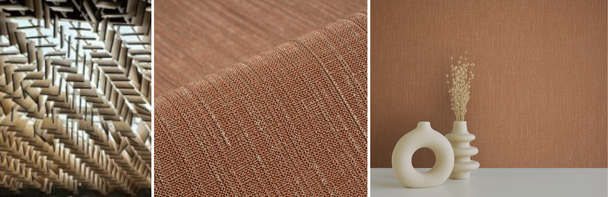Collage of three images: Left shows a geometric wooden ceiling, center a close-up of textured brown fabric, right a minimalist scene with vases against a brown wall.