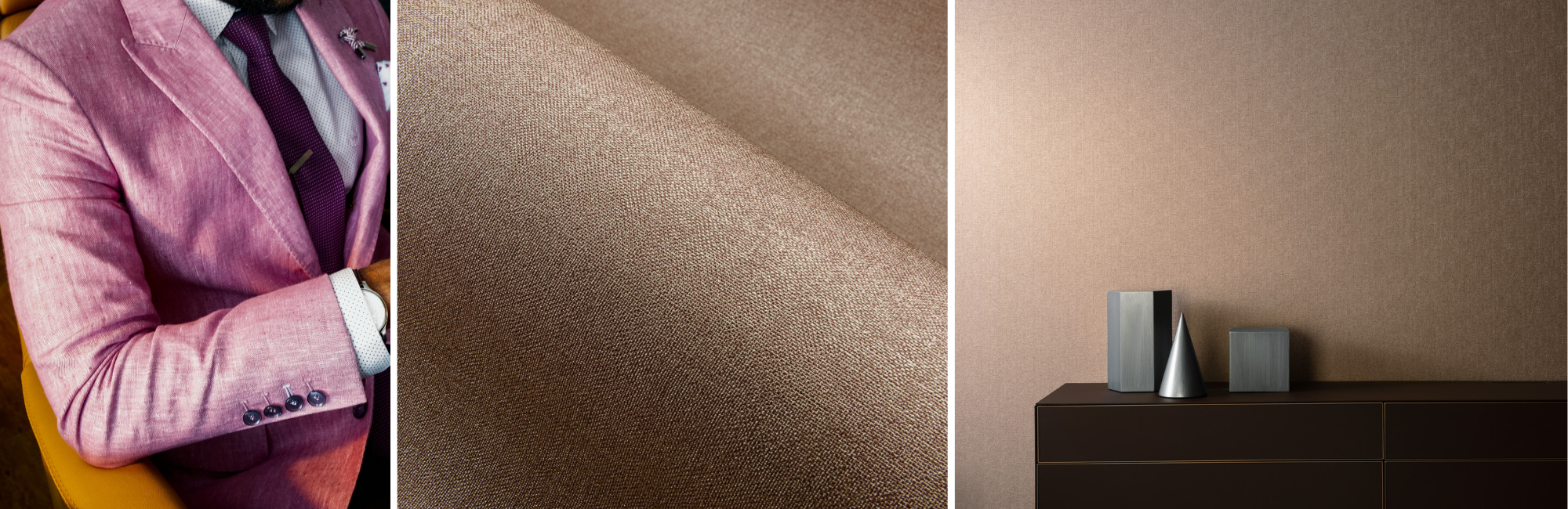A triptych image: left, a person in a pink suit; center, close-up of textured brown fabric; right, minimalist decor with geometric objects on a cabinet.