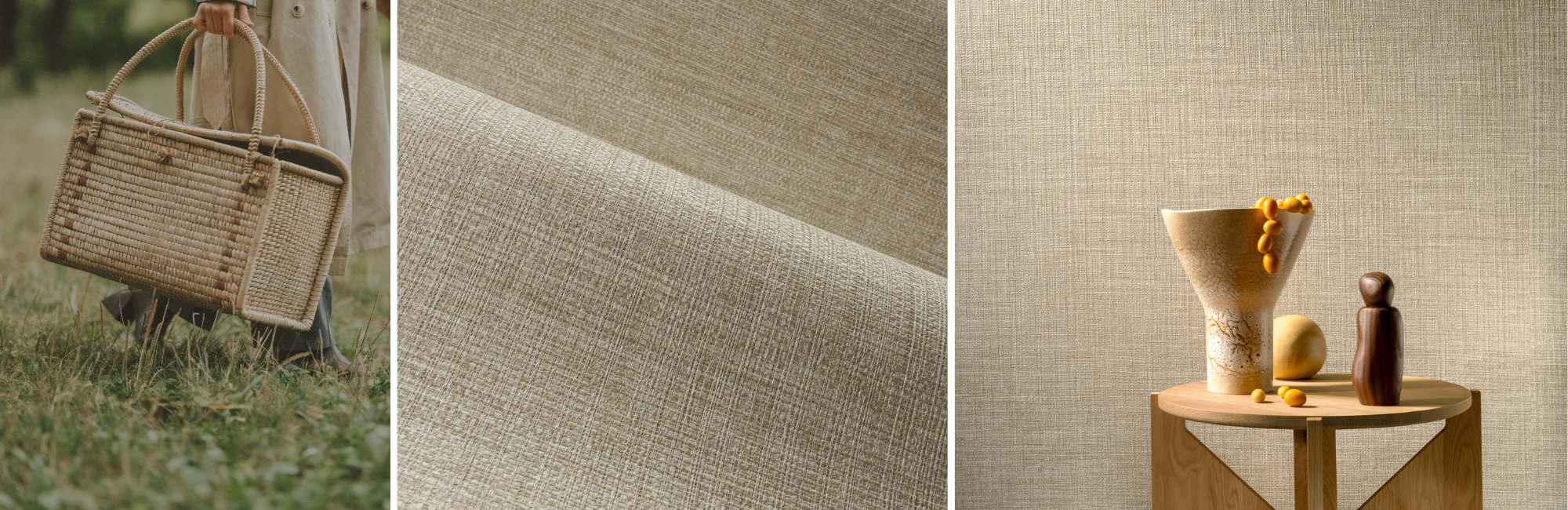 A triptych image: left, a wicker basket on grass; center, close-up of textured beige fabric; right, vases with lemons on a small wooden table.