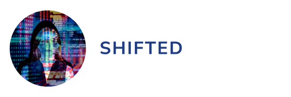 Circular image on black background shows a woman overlaid with colorful data patterns. "SHIFTED" is written in bold blue text, conveying tech themes.