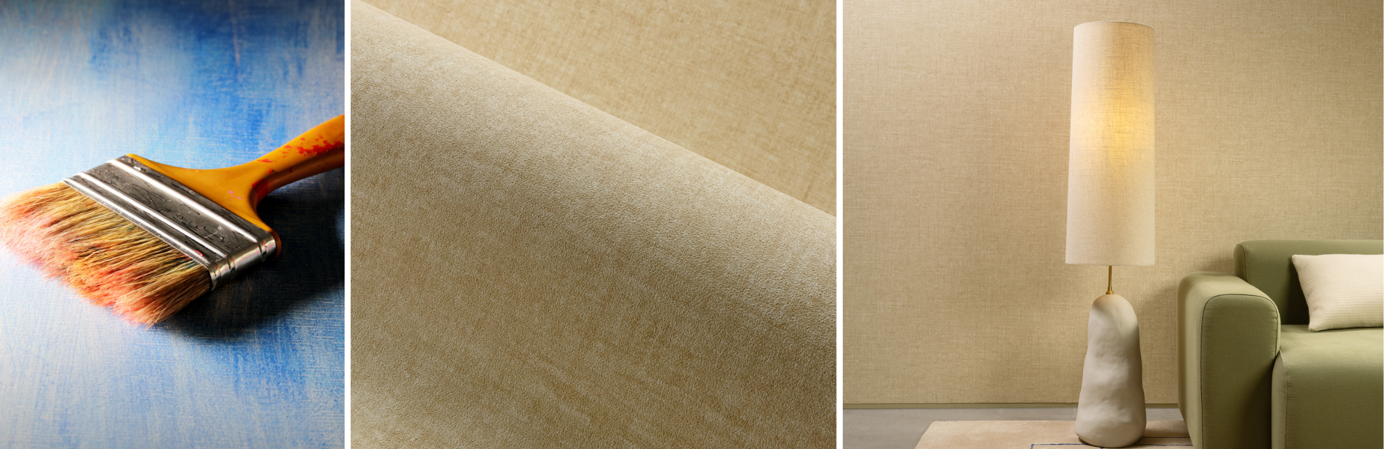 A three-part image: a paintbrush with a wooden handle on blue paint, beige textured wallpaper close-up, and a room with matching wallpaper, lamp, and green sofa.