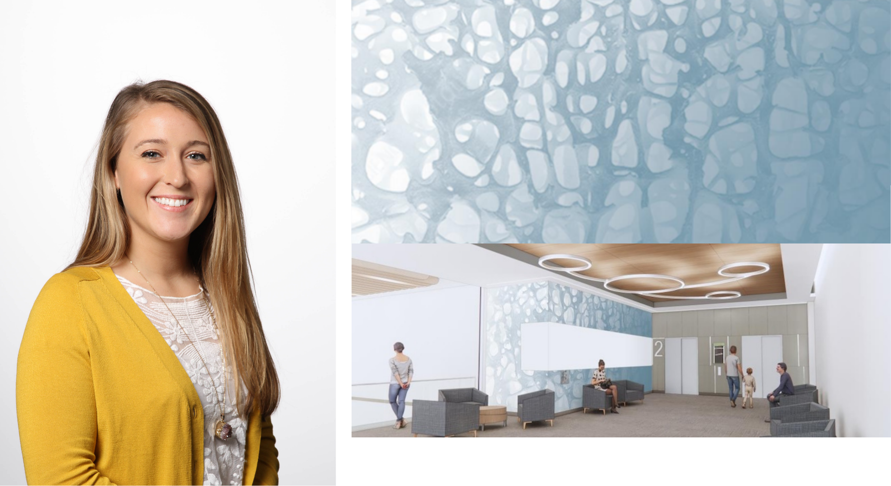 A woman in a yellow cardigan smiles confidently on the left. On the right, a modern waiting room has patterned walls and circular ceiling lights, with people seated and standing. The mood is professional and welcoming.