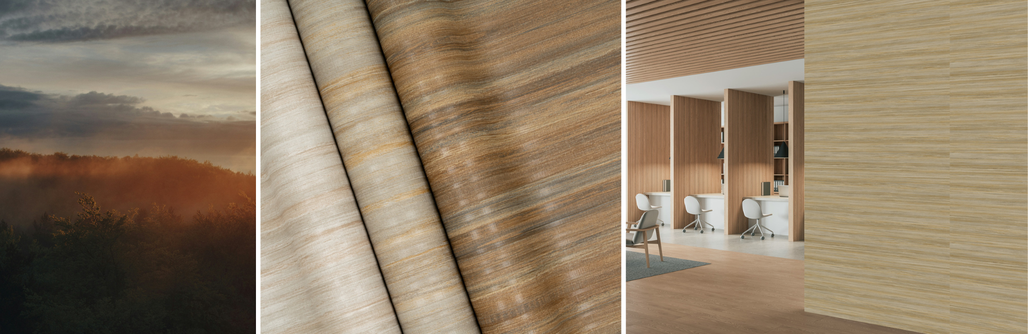 Sunrise over misty hills, wood-textured fabric with earthy tones, and modern interior with light wood paneling create a warm, natural ambiance.