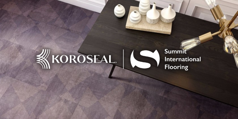 A dark wooden table with decorative vases is beside geometric-patterned flooring. Logos of Koroseal and Summit International Flooring are on the left.