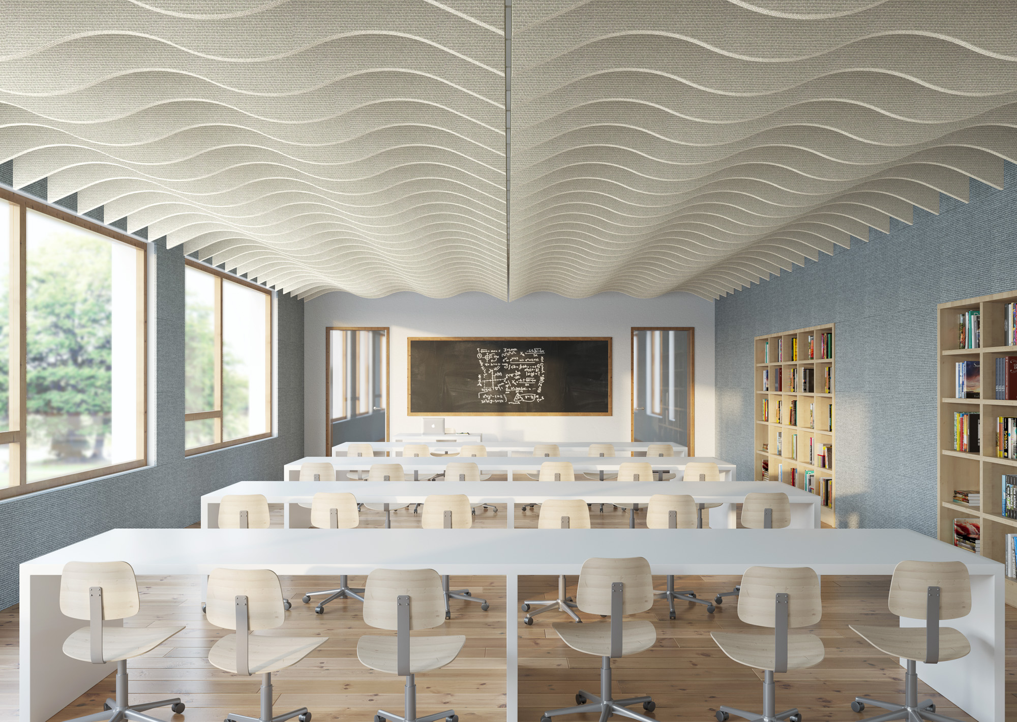 Modern classroom with wavy ceiling design, large windows, and wooden floors. White tables and chairs face a chalkboard. Bookshelves line the walls.