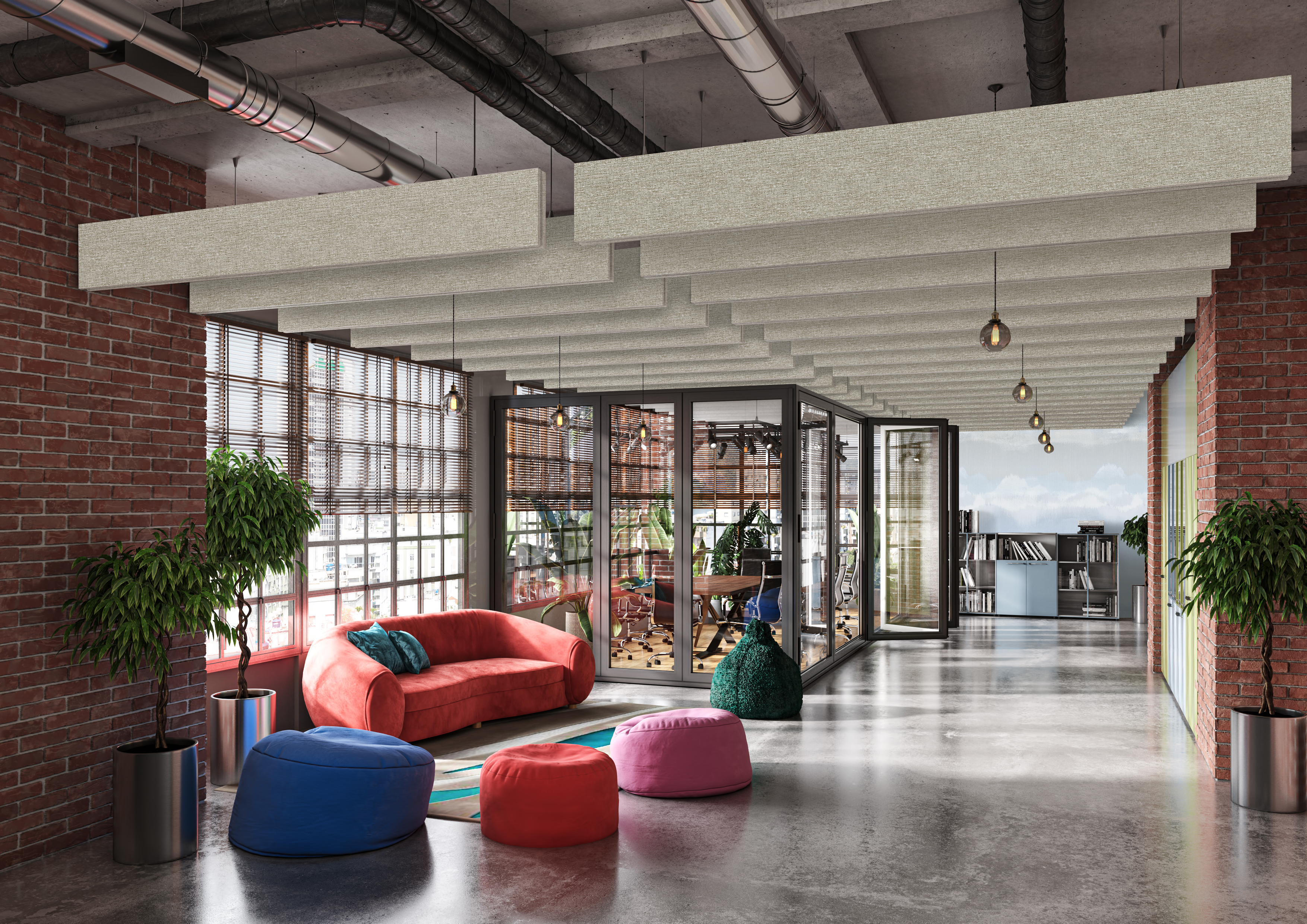 HERITAGE-WOOD-II-(2).png Open, modern office with exposed brick walls, white acoustic baffles hanging from the ceiling,colorful bean bags, a red sofa, large windows, and glass meeting room. Bright, inviting atmosphere.